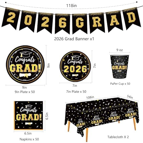 Graduation Decorations 2026 Disposable Black Graduation Tableware Kit for 25 Guests Plates Napkins Cups Tablecloth Hanging Graduation Party Decorations 2026 view 3