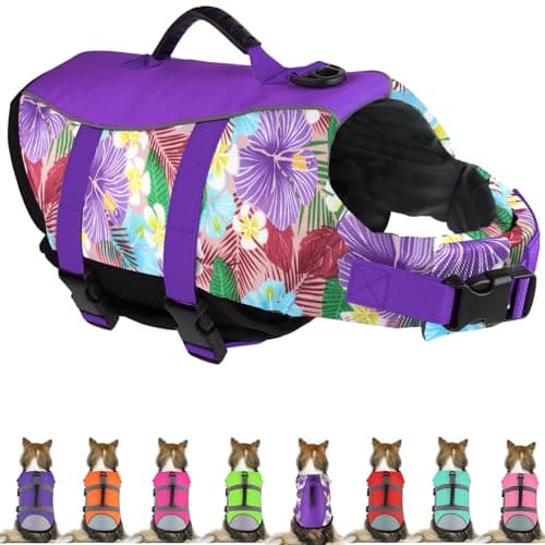 Mklhgty Hawaiian Dog Life Jacket - Adjustable Ripstop Vest with Rescue Handle for Swimming Boating, High-Flotation Safety Device for Small Medium Large Dogs (Floral Purple, L) — image 1