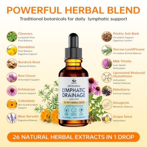 26-in-1 Lymphatic Drainage Drops, Fluid Balance & De-Puff, Lymph Support*, Herbal Liquid Formula with Cleavers, Echinacea, Dandelion & Prickly Ash Bark, Alcohol-Free, Vegan, 1 Pack(2 Fl Oz) view 2