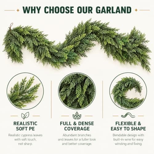 9Ft Christmas Cedar Garland, Real Touch Soft Greenery Christmas Decorations, Realistic Thick Full Lush Artificial Garland, Fireplace Mantel Staircase Railing Front Door Porch Window Indoor Home Decor view 2