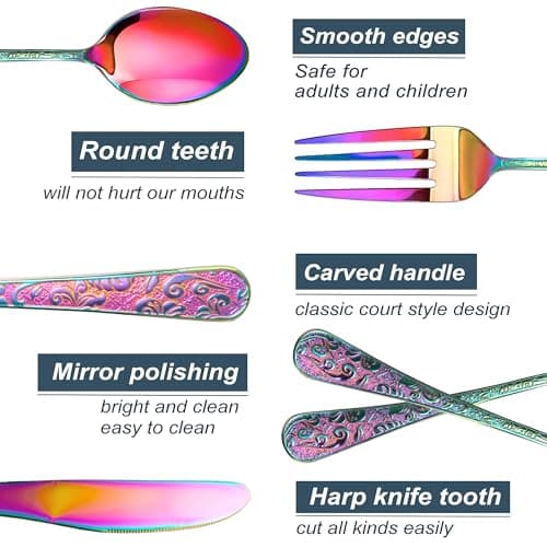 Runfly Vintage Carved Rainbow Stainless Steel 20 Pieces Flatware Set, Colorful Silverware Set, Modern Embossed Cutlery Set Utensils Including Fork Spoon and Knife view 4