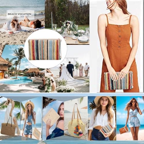 Abuyall straw crossbody clutch Bag Summer Beach Stripe Purse Women Woven Zipper Wristlet Wallets view 6