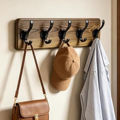 Dellicasi 17" Coat Rack Wall Mount, Rustic Wall Mounted Coat Rack, Pine Solid Wood Coat Hook Hanger with 5 Metal Hooks- Wall Coat for Hanging Clothes Key Robes Towels Coats