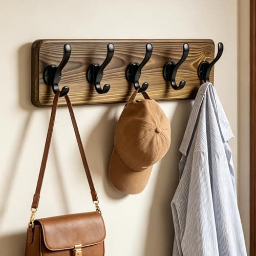 Dellicasi 17" Coat Rack Wall Mount, Rustic Wall Mounted Coat Rack, Pine Solid Wood Coat Hook Hanger with 5 Metal Hooks- Wall Coat for Hanging Clothes Key Robes Towels Coats — image 1