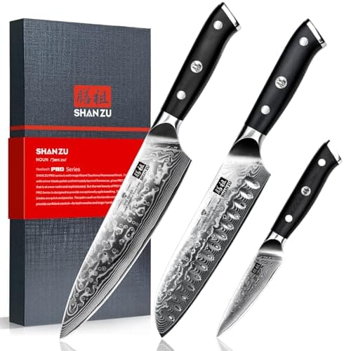 SHAN ZU Damascus Knife Set, Japanese Super Steel 3 PCS Damascus High Carbon Professional Ultra-Sharp Kitchen Chef Knife Set with G10 Handle Gift Box — image 1