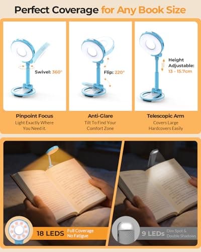 EastPin Rechargeable Book Reading Light: 18 LED Clip on Book Light for Kids in Bed & Night | Eye Caring 3 Colors & Stepless Dimming | Timer Memory Booklamp - Gifts for Book Lovers Teen Girls Boys view 4
