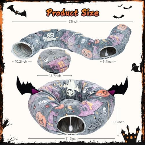 Tidjani Halloween Cat Tunnel Bed, Cat Tunnels for Indoor Cats with Bat Wings, Foldable Pet Donut Bed with Middle Mat and Dangling Balls, Pet Play Toy with Ghost, Spider Web Pattern Decorations view 6