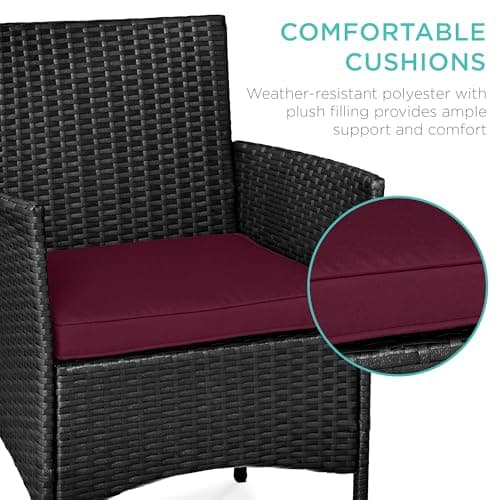 Best Choice Products 3-Piece Outdoor Wicker Conversation Bistro Set, Space Saving Patio Furniture for Garden w/Side Table - Black/Deep Burgundy view 5