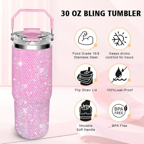 30oz Bling Rhinestone Studded Tumbler with Top Handle, Bling Cups Stainless Steel Water Bottle Diamond Glitter Tumbler for Women - Birthday Gifts for Women, Mom,Get Well Soon Gifts (Pink) view 3