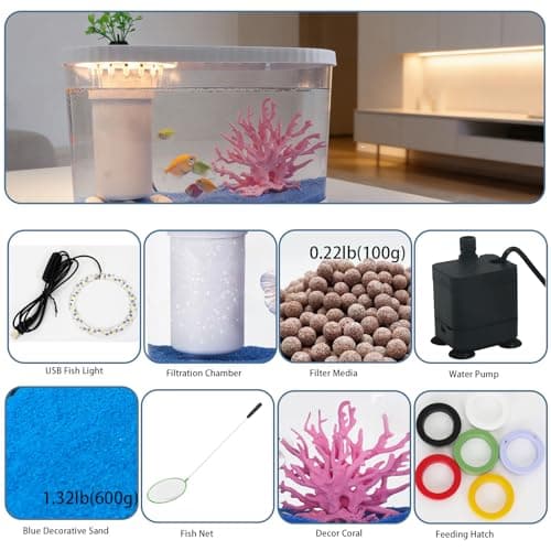 2.2Gal Aquarium Starter Kits, Small Beta Fish Tank Kit with Quiet Filter & Color Light, Nano Desktop Tank for Betta Shrimp Guppy Goldfish, Complete Starter Kit (12.6 * 7 * 5.6 Inch) view 5