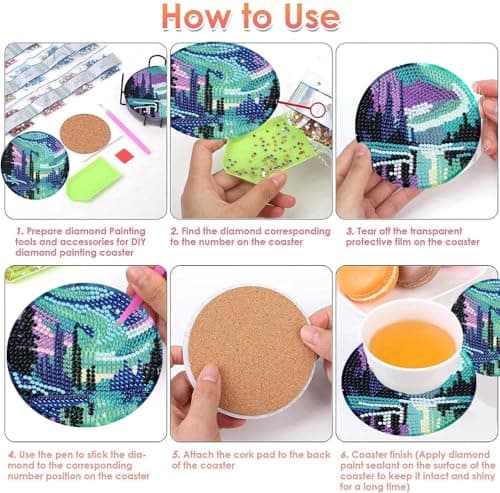 ijbnhd 8 Pcs Aurora Diamond Art Coasters Kits, Landscape Diamond Painting Coasters Kit with Holder, Diamonds Art Non Slip Coaster Crafts Kits for Adults Gifts 4x4 inch (Cork Wooden Pad) view 6