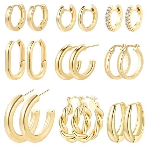 9 Pairs 14K Gold Plated Hoop Earrings for Women | Hypoallergenic Chunky Huggie Gold Earrings Set | Lightweight Small Thick Open Hoops Earrings Jewelry Pack view 1
