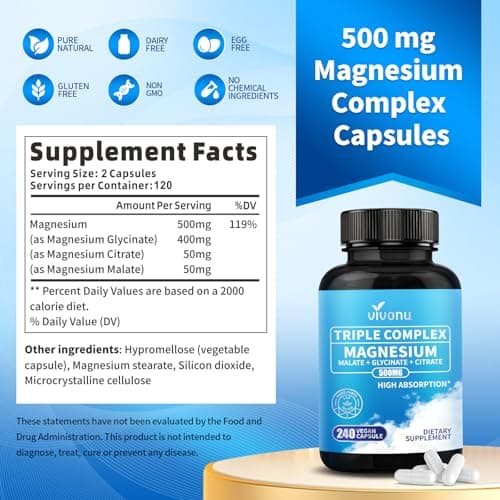 Triple Magnesium Complex for Women and Men - Magnesium Glycinate 400mg, Malate, Citrate, High Absorption Chelated Magnesium Supplement Support Sleep, Muscle, Non-GMO, Gluten Free - 240 Capsules view 7