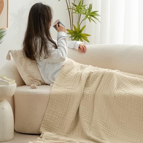 Love's cabin 100% Cotton Muslin Blanket, 6 Layer Lightweight Breathable Gauze Queen Size Blanket 90 x 90 Inches, Soft All Season Blanket for Bed, Khaki view 3