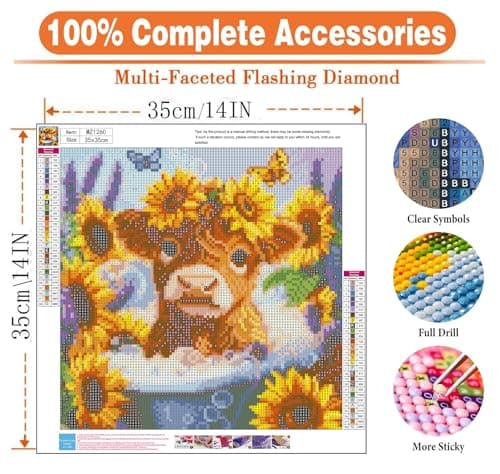 igoodom Cow Diamond Art Kits for Adults, Highland Cow Diamond Painting Kit, Full Drill Round Diamond Art Kits, DIY Gem Art and Crafts for Home Wall Decor Gift 14x14inch view 6