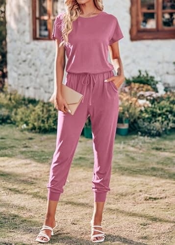 KIRUNDO Jumpsuits for Women Summer 2026 Casual Short Sleeve One Piece Outfits Drawstring Waist Long Pants Romper Jumpers view 2