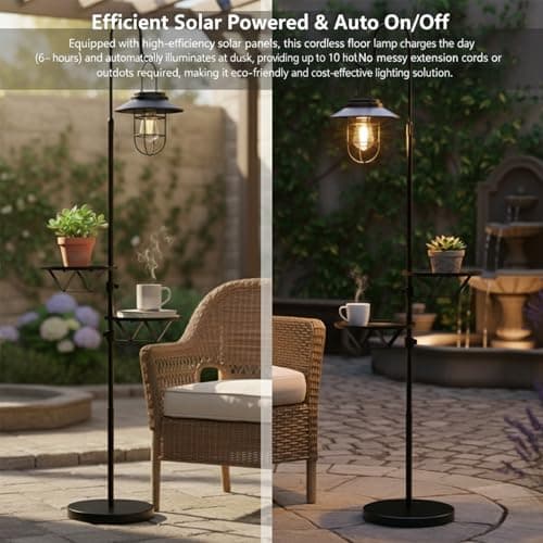 Kirschblüte Solar Floor Lamp with Table, 60" Outdoor Shepherd Hook with Solar Lantern, Waterproof Metal Side Table for Patio, Heavy Duty Solar Pole Light for Garden, Deck, Porch and Backyard Decor view 5