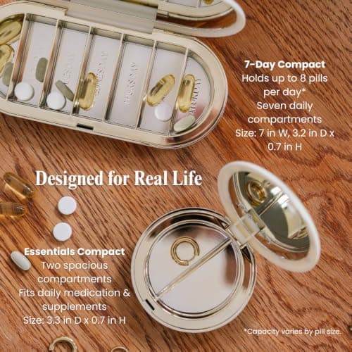 Dosey Pill Compact Pair – 7-Day Weekly Pill Organizer and Essentials Travel Pill Case with Mirrors – Portable Medicine, Vitamin and Supplement Organizer Set – Blue Dots view 4