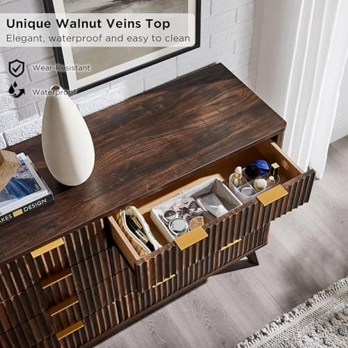 T4TREAM Fluted 8 Drawers Dresser, 54" Wide Modern Chest of Drawers, Curved Profile Design, Dresser TV Stand, Wood Drawer Organizer for Bedroom, Living Room, Hallway, Dark Walnut view 4
