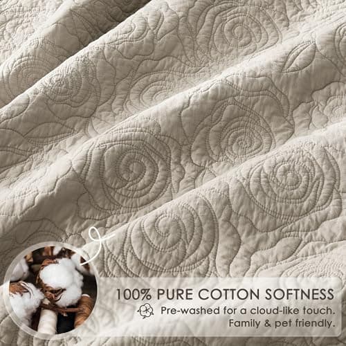 WDCOZY Beige 100% Cotton Quilt Twin Size Bedding Sets with 1 Pillow Shams, Floral Rosette Lightweight Bedspread Soft Farmhouse Patterned Coverlet Quilted Comforter Bed Cover for All Season, 2 Pieces view 3