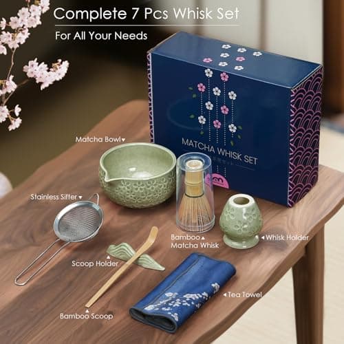 7Pcs Matcha Whisk Set, Matcha Set Whisk and Bowl,Bamboo Scoop, Scoop Rest, Sifter and Tea Towel, Matcha Kit W/Carved Cherry Blossm Pattern for Matcha Lovers (Sakura Green) view 2