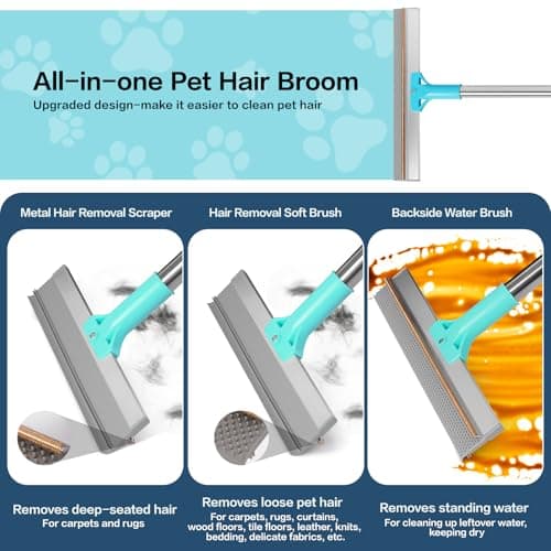 3 in 1 Carpet Rake for Pet Hair Removal, Reusable Pet Hair Remover Broom with 54" Adjustable Long Handle, Dog Cat Carpet Scraper Brush Tool Kit for Cleaning, Dog Fur Broom for Rugs, Mats, Couch view 2