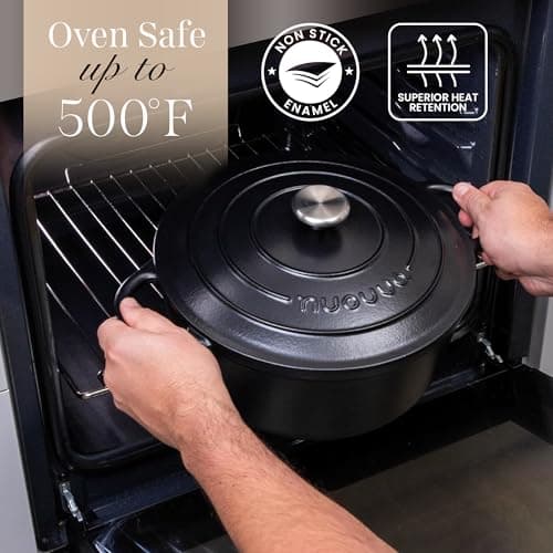 Nuovva Enamelled Cast Iron Dutch Oven Pot with Lid – 6.4 Quart Non Stick Casserole Pot – Heavy Duty & Oven Safe up to 500° F for Bread Baking, Braising, Stews, Roasting – 28cm Black view 5
