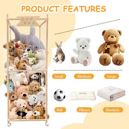 Stuffed Animal Storage Zoo with Wheels, Wooden Large Stuff Animals Plushies Holder, 22.5" D x 22.5" W x 64" H Toy Organizer Storage Cage with Elastic Band and Net for Nursery Playroom Bedroom view 4