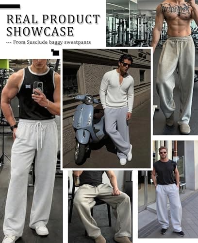 Susclude Mens Baggy Sweatpants, Wide Leg Elastic Waist Drawstring Open Bottom Cotton Lounge Loose Joggers with Deep Pockets view 6