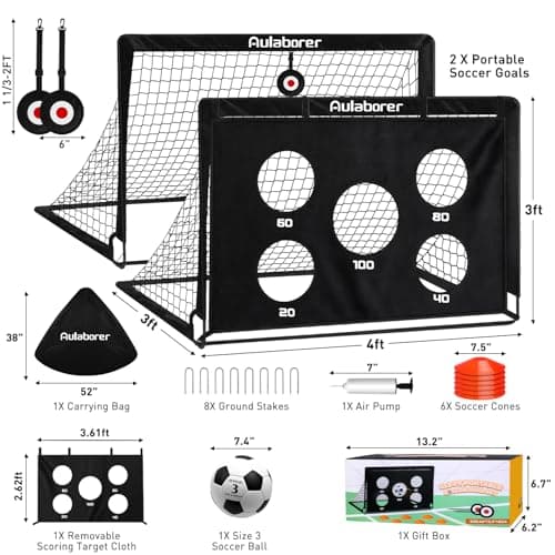 Soccer Goal, 2 Pack of 4x3ft Kids Soccer Goals Set for Backyard, Portable Pop-Up Soccer Net Training Equipment with Ball, Pump, Cones, Targets & Carry Bag for Outdoor Sports & Games view 7