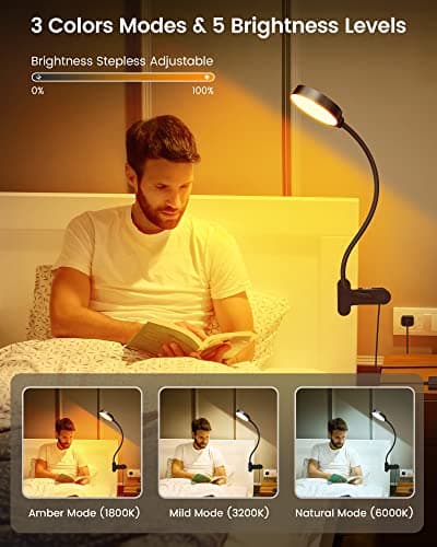 Glocusent 5W Clip on Light, 3 Colors & 5 Brightness Reading Light for Bed view 2