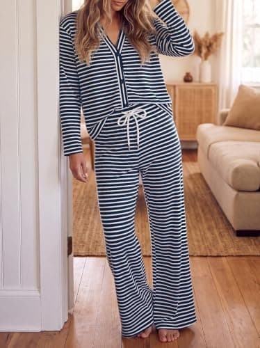 Fisoew Womens 2 Piece Lounge Set Striped Cardigan Pant Sets Travel Outfits view 2