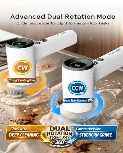 PUFTEM Upgraded Electric Spin Scrubber, Powerful Cordless Shower Scrubber with 4500mAh Large Battery & Speed Display, 6 Replaceable Brush Heads, Cleaning Brush for Bathroom Tile Tub Floor (White) view 2