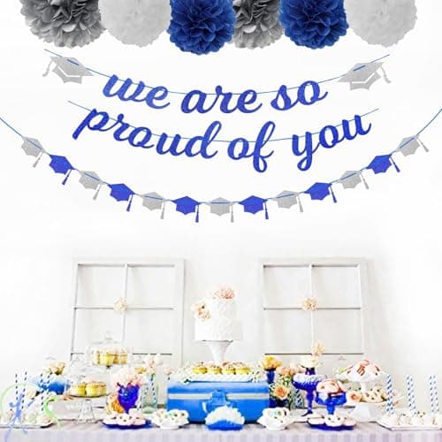 Navy-Blue White-Silver Party-Decoration Graduation Banner - 8pcs Kits Cap Garland Streamers, Paper Tissue Pom Poms Flowers,We are So Proud of You Congratulations Grad 2026 Decor Lasting Surprise view 4