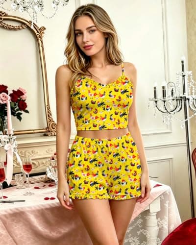 Cetieo Womens Pajama Sets 2 Piece Cute Ruffle Pjs Summer Lounge Tank Top Short Sets Loungewear (US, Alpha, Small, Regular, Regular, Regular, chicken-01) view 2