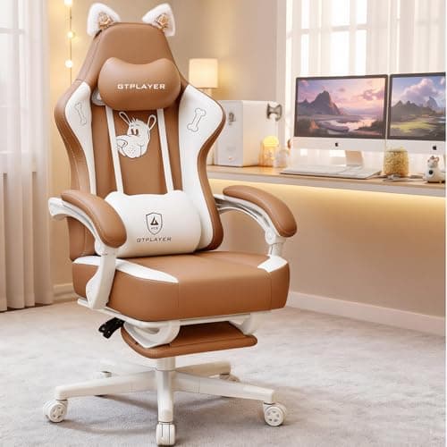 GTPOFFICE Cute Gaming Chair with Cat Ears, Ergonomic Computer Chair with Footrest Cat Paw Lumbar Support Comfortable Reclining Game Chair Desk Chair for Adult Teens, Soft Fabric, Brown view 2