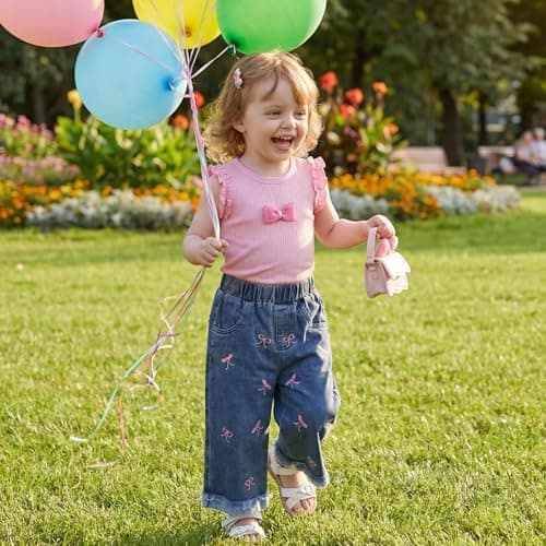 vfvBaby Toddler Baby Girl 2 Piece Outfits Pink Ruffle Sleeve Bow Top & Bow Print Denim Jeans Set Cute Casual Summer Clothes view 4