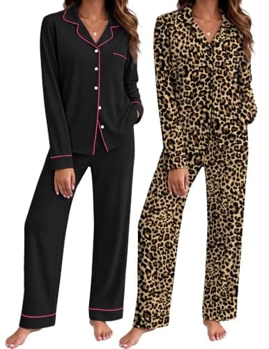 Ekouaer 2 Pack Womens Pajamas Set Button Up Pjs Loungewear Set view 2