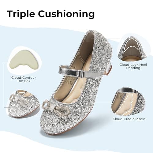 PATPAT Girls Dress Shoes Glitter Shoes with Butterfly Hair Clips, Sequins Rhinestones Bowknot Princess Low Heels Mary Jane Footwear Heels for Girls view 4
