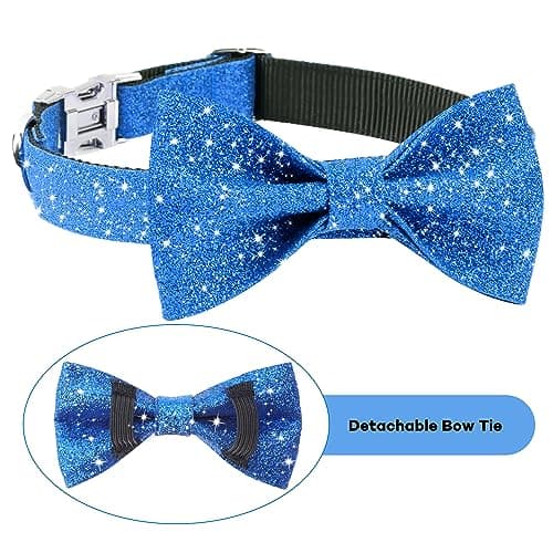 Jumpress Blue Boy Dog Collar with Bow, Bling Male Bowtie Dog Collar for Puppy Small Dogs and Cats, Cute Dog Collar for Daily Walking or Holiday Party (Neck fit 9-12’’) view 3