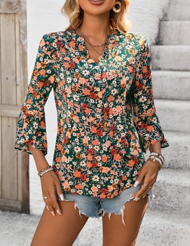 LOOKBOHO Womens Boho Tops Ruffle 3/4 Sleeve Button V-Neck Dressy Casual 2026 Fall Bell Sleeve Floral Business Blouses view 6