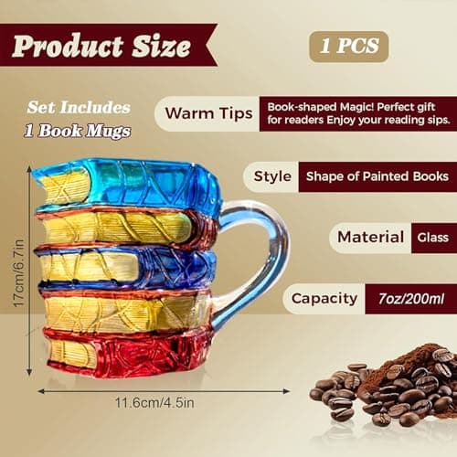 Hand-Painted Book Design Glass Coffee Mug, 7oz, Red and Blue Vintage Pattern, Tea Cup with Handle for Readers, Bookworm, Ideal Gift for Christmas, Birthday (Small) view 6