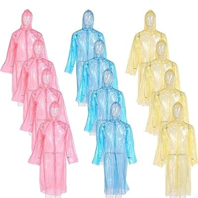 12 Pack Clear Rain Ponchos with Hood for Adults, Family, 3 Colors 51.1 Inches Emergency Raincoats