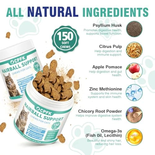 CPFK Cat Hairball Remedy Treats, 150 Soft Chews Cat Hair Ball Treatment Furball Control Relief Helps Eliminate and Prevent Hairballs for Indoor Cats Supports Skin and Coat Digestion Chicken Flavor view 3