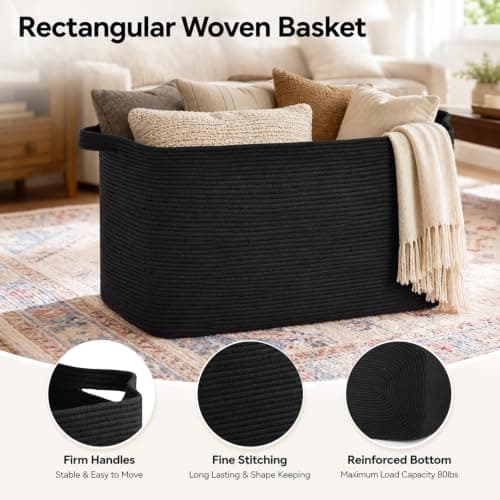 OIASKET 108L Extra Large Blanket Basket Living Room, 24.8" x 16.2" x 16.2" | Rectangle Woven Laundry Hamper, Nursery Blanket Storage Living Room, Toy Storage With Handle, Large Baskets for Organizing view 4
