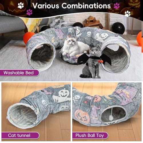 Tidjani Halloween Cat Tunnel Bed, Cat Tunnels for Indoor Cats with Bat Wings, Foldable Pet Donut Bed with Middle Mat and Dangling Balls, Pet Play Toy with Ghost, Spider Web Pattern Decorations view 2