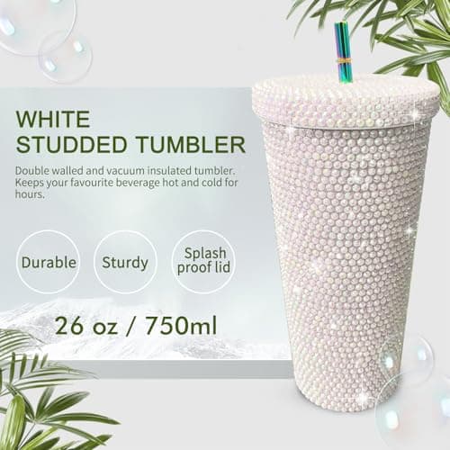 26oz Bling Rhinestone Studded Tumbler with Lid and Straws, Bling Cups Stainless Steel Water Bottle Diamond Glitter Tumbler for Women - Birthday Gifts for Women, Mom,Get Well Soon Gifts (White) view 3