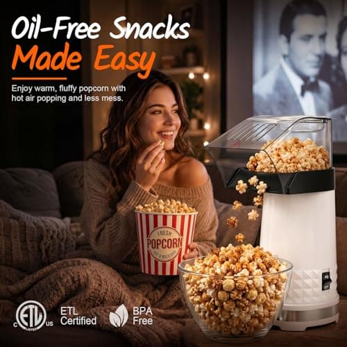 Hot Air Popcorn Popper, 1200W 4.5QT Popcorn Maker, Compact Popcorn Machine | Pops fresh, oil-free popcorn in 2 minutes for movie nights, game nights, kids' snacks, dorm rooms and family fun at home view 2