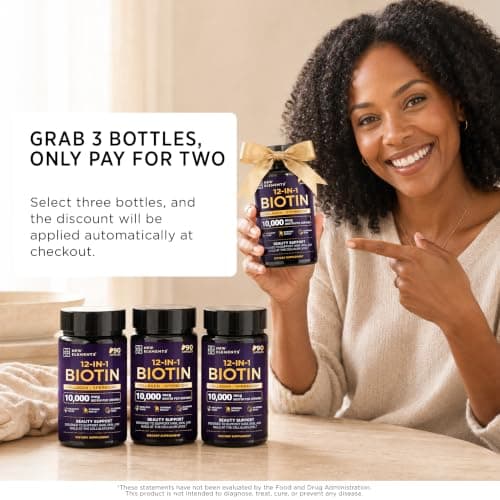 New Elements Biotin 10000 mcg with Collagen, Keratin & Hyaluronic Acid, 12-in-1 Hair Skin and Nails Supplement with Bamboo Silica, Vitamins C & E, Zinc & Copper, 90 Capsules view 4