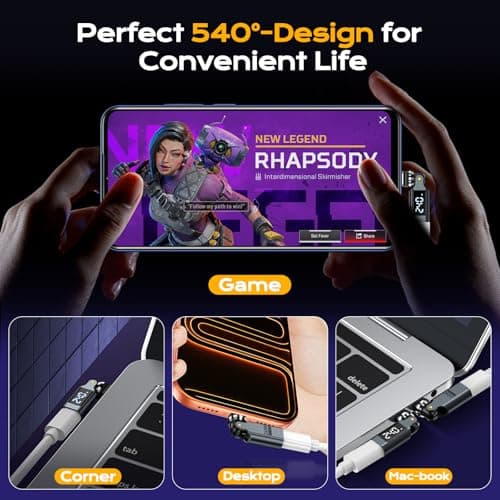 USB C Adapter [2-Pack], PD 240W USB C 90 Degree Adapter with LED Digital Display, 360 & 180 Degree C to C Adapters for iPhone 17/16/15, MacBook Pro/iPad Series, Samsung Galaxy, Tablet, Laptop view 6